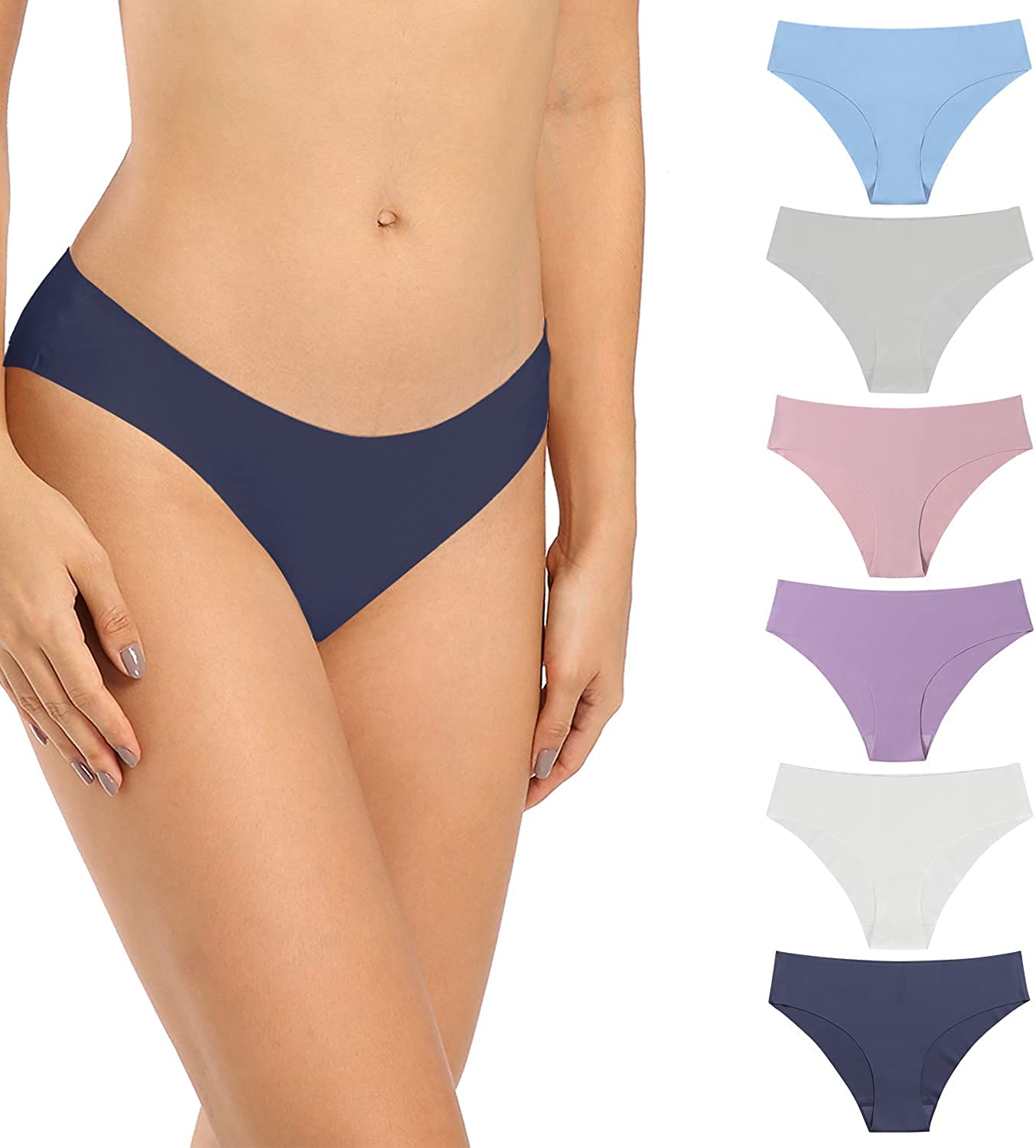 SHARICCA Women Seamless Cheeky Bikini No Show Panties Ladies Invisible Breathable Briefs Soft Stretch Underwear Multi Pack Apparel & Accessories > Clothing > Underwear & Socks > Underwear SHARICCA Navy-purple-gray-pink-blue-white X-Large