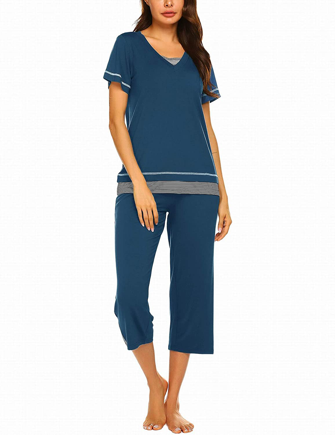 Ekouaer Women's Pajamas Set Soft V Neck Striped Sleepwear Top and Capri Pj Lounge Sets Apparel & Accessories > Clothing > Sleepwear & Loungewear > Pajamas Ekouaer Blue Green XX-Large