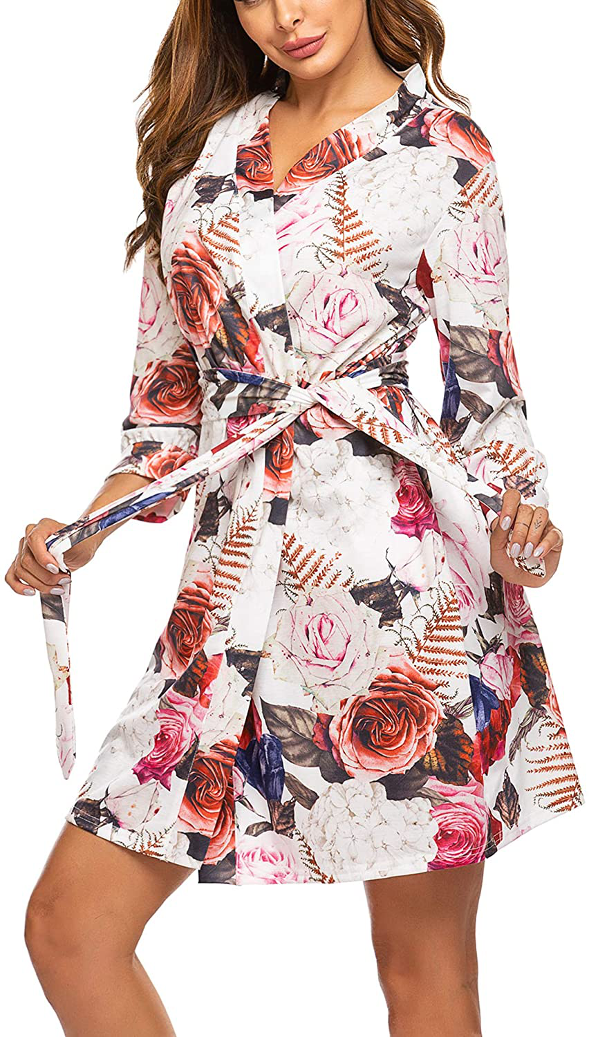 Hotouch Womens Robe Lightweight Kimono Robes Short Knit Bathrobe Soft Sleepwear Ladies Loungewear S-XXL Apparel & Accessories > Clothing > Sleepwear & Loungewear > Robes Hotouch Black Rose X-Large