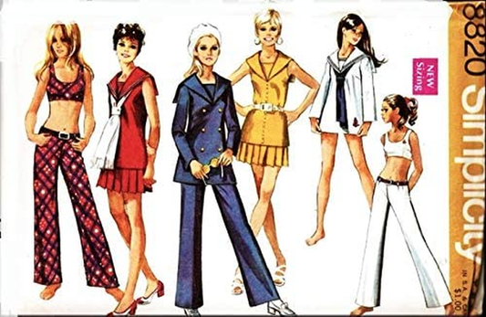 Simplicity 8820 Misses Bra Top, Mini Skirt, Sailor Tunic and Hip-Hugger, Bell-Bottom Pants, Vintage Sewing Pattern, Check Listings for Size Apparel & Accessories > Clothing > Underwear & Socks > Underwear Simplicity