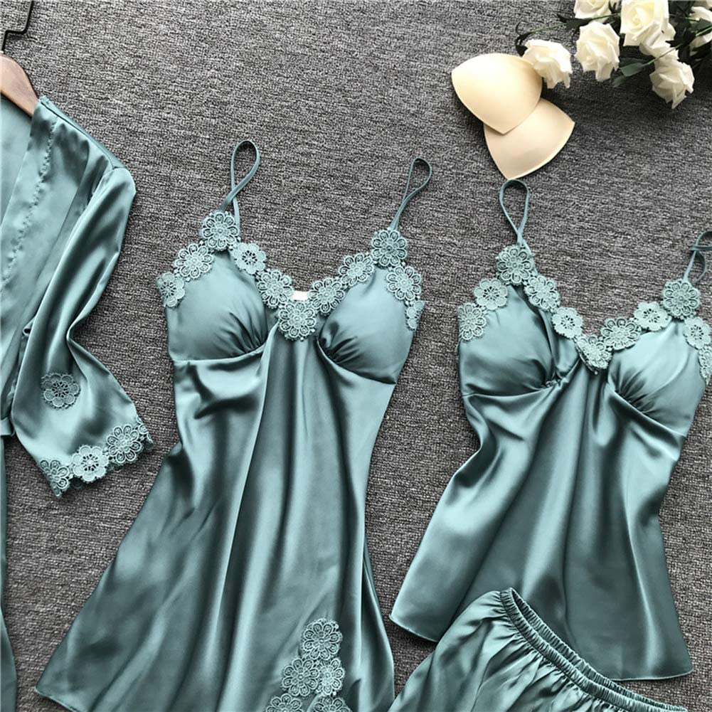 SAPJON Women'S 4Pcs Silk Satin Pajama Set Sexy Cami Top Nightgown Lace Sleepwear Robe Sets Nightdress with Chest Pads Apparel & Accessories > Clothing > Sleepwear & Loungewear Kylie Max