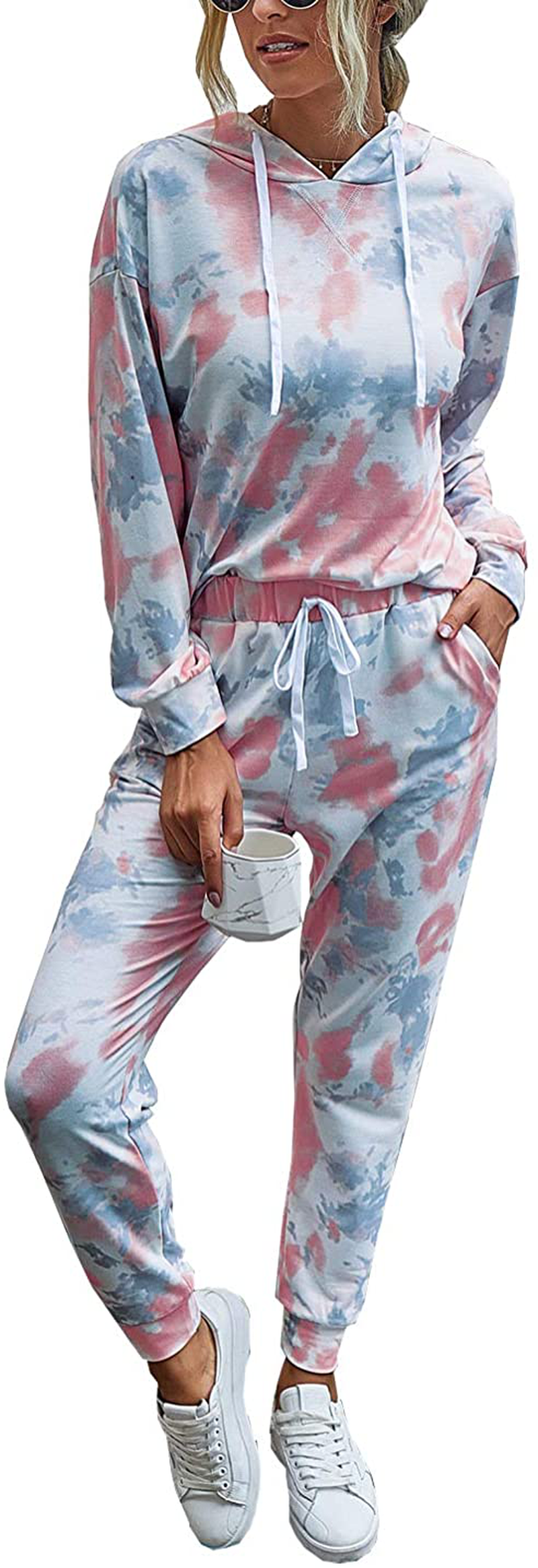 PRETTYGARDEN Women’s Tie Dye Two Piece Pajamas Set Long Sleeve Sweatshirt with Long Pants Sleepwear Apparel & Accessories > Clothing > Sleepwear & Loungewear > Pajamas PRETTYGARDEN Tie Dye-pink X-Large