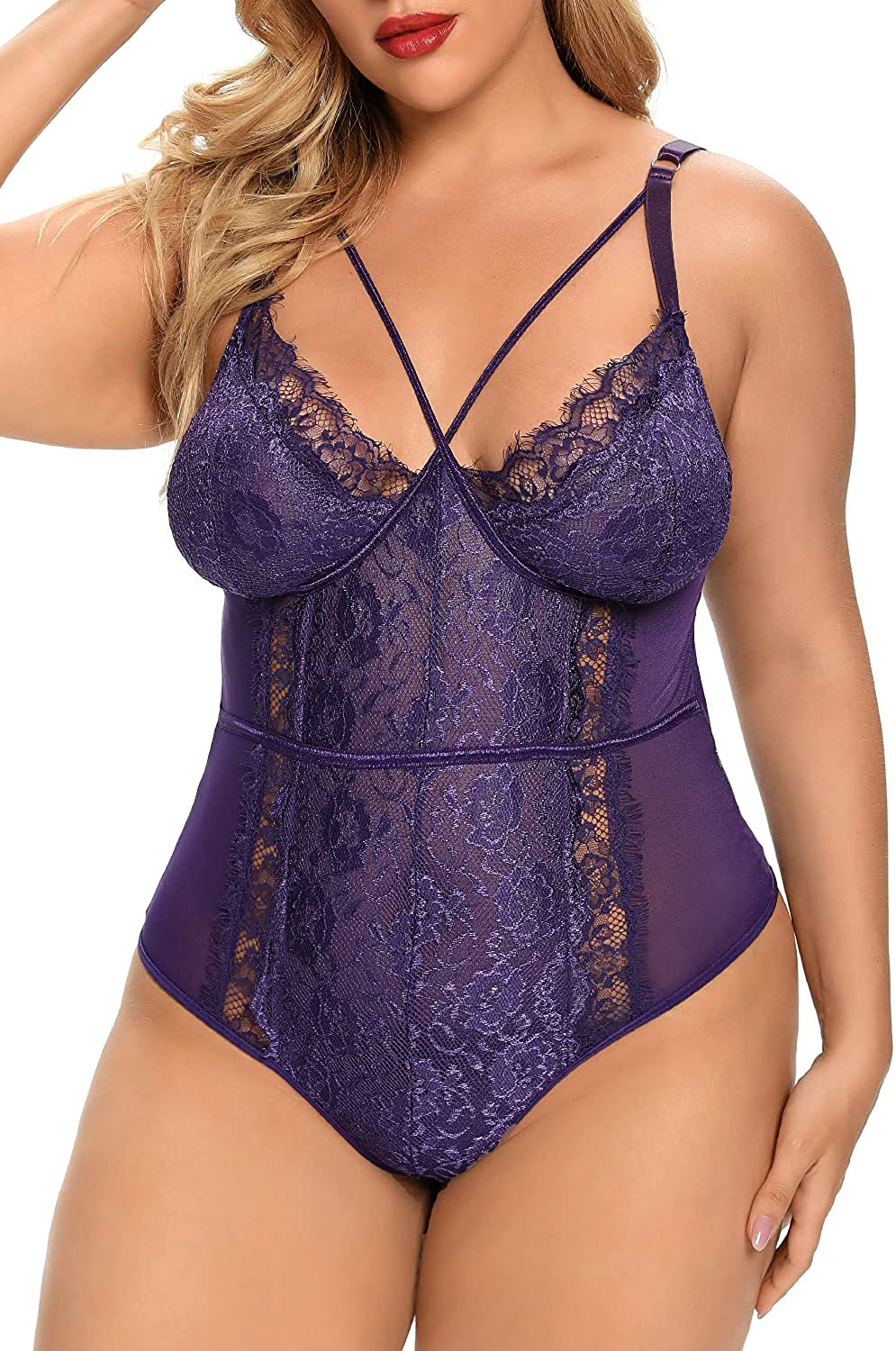 Plus Size Lingerie for Women Sexy Eyelash Lace Bodysuit Naughty Mesh One Piece Teddy Outfits Apparel & Accessories > Clothing > Underwear & Socks > Lingerie KYLIE MAX Purple 3X-Large