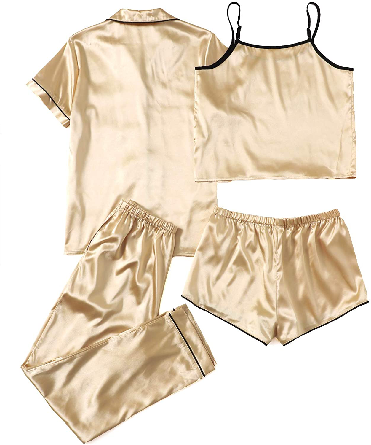 WDIRARA Women'S Silk Satin Pajama Set 4 Pieces Sleepwear Loungewear Pj Sets Apparel & Accessories > Clothing > Sleepwear & Loungewear Kylie Max