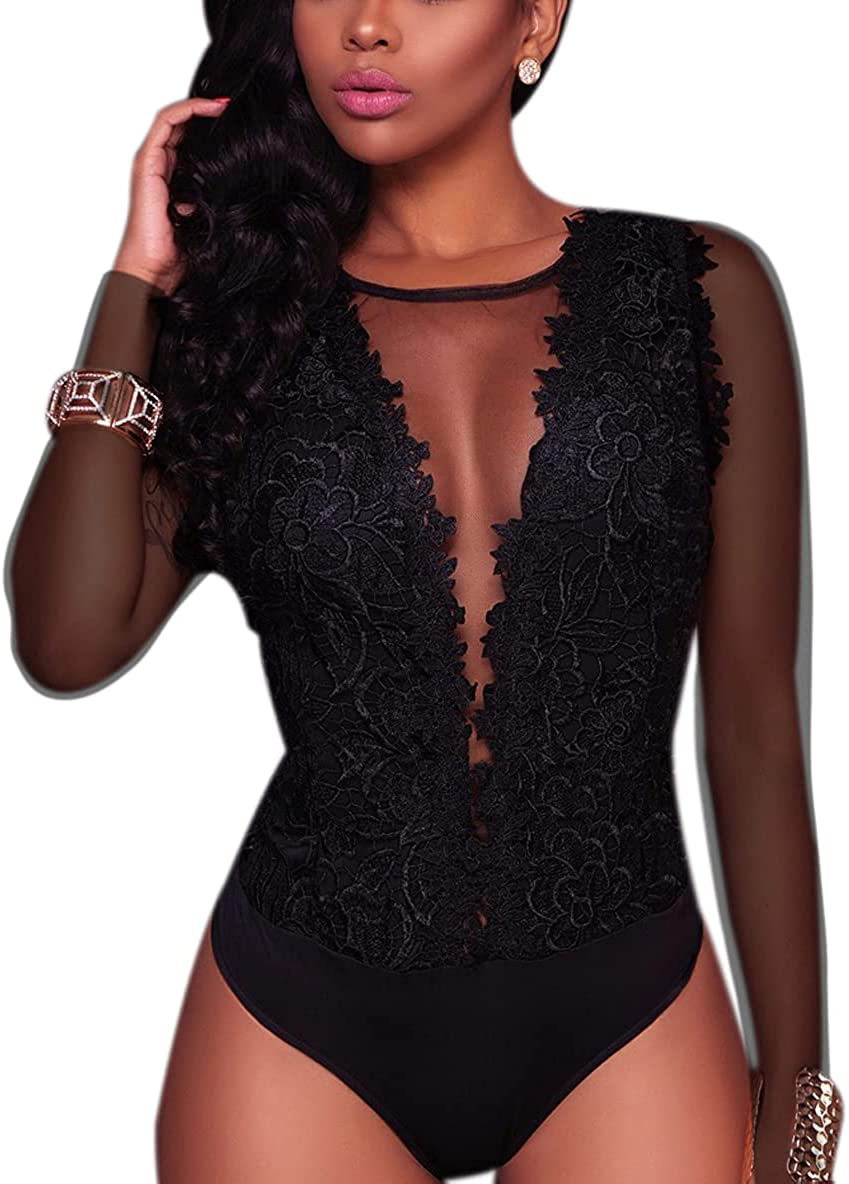 RARITYUS Women One Piece Sexy Lace Swimsuit Short Scoop Neck Jumpsuit Bodysuit See Through Mesh Teddies Apparel & Accessories > Clothing > Underwear & Socks > Lingerie RARITYUS A Black Long Sleeve X-Large