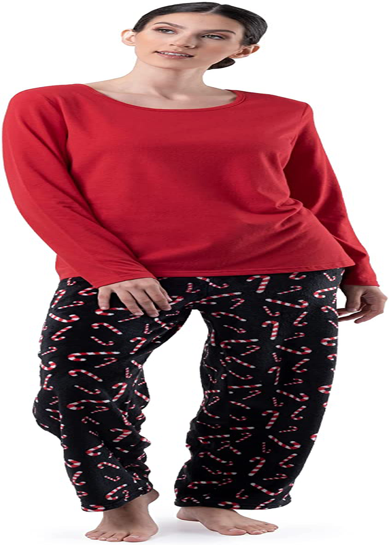 Fruit of the Loom Women's Sueded Jersey Crew Top and Fleece Pant Sleep Set Apparel & Accessories > Clothing > Sleepwear & Loungewear > Pajamas Fruit of the Loom Radiant Red/Candy Canes Large