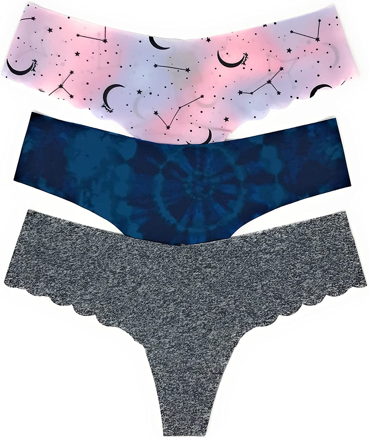 Victoria's Secret PINK Thong Panty Set of 3 Apparel & Accessories > Clothing > Underwear & Socks > Underwear Victoria's Secret No-show Cloud Constellation / Blue Tie Dye / Dk Gray Marl Medium