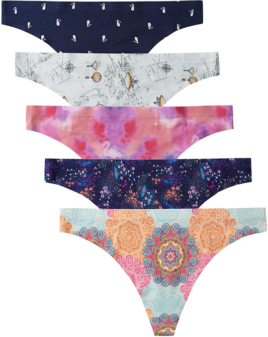 VOENXE Seamless Thongs for Women No Show Thong Underwear Women 5-10 Pack Apparel & Accessories > Clothing > Underwear & Socks > Underwear VOENXE B-5 Pack Pattern Design Medium