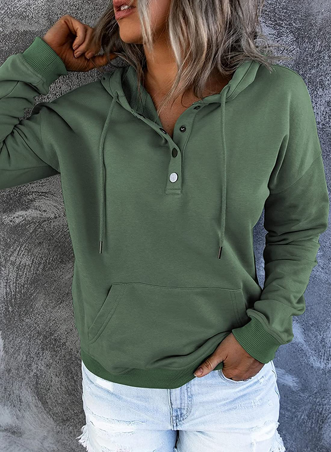 Dokotoo Womens Casual Button Collar Drawstring Long Sleeve Hoodies Pullover Sweatshirts Hooded Tops Apparel & Accessories > Clothing > Activewear Kylie Max