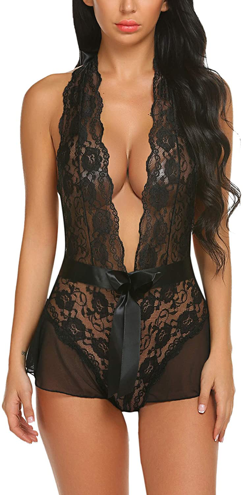Avidlove Womens One Piece Lingerie Lace Bodysuit Halter V Neck Teddy Lingerie Negligee Babydoll Apparel & Accessories > Clothing > Underwear & Socks > Lingerie Avidlove Black X-Small