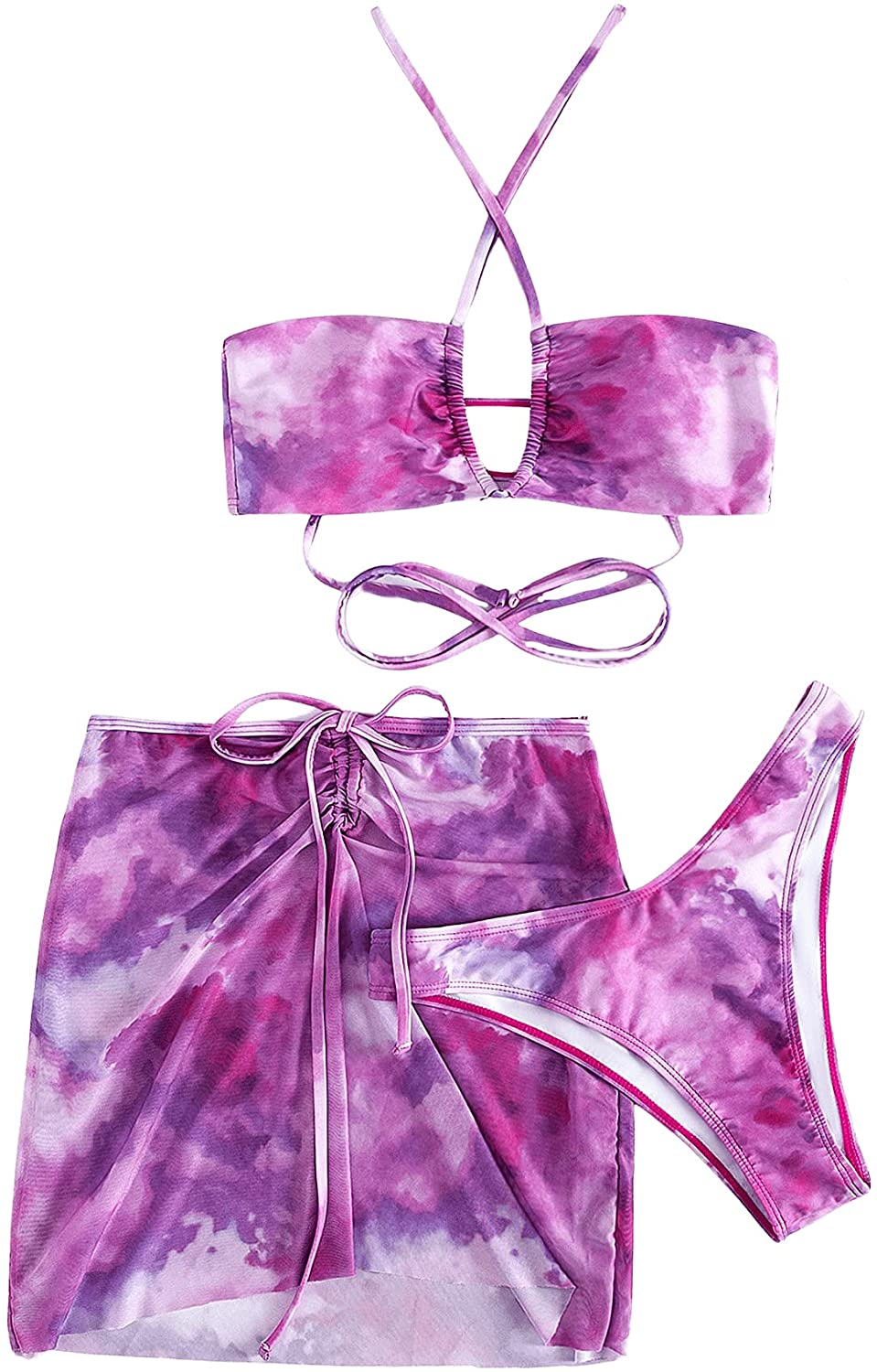 SOLY HUX Women'S Tie Dye Wrap Bikini Bathing Suits with Mesh Beach Skirt 3 Piece Swimsuits Apparel & Accessories > Clothing > Underwear & Socks > Lingerie KYLIE MAX Tie Dye Purple Small