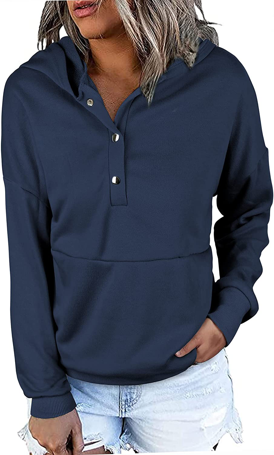 KIRUNDO Women'S Long Sleeve Casual Sweatshirts Women Hoodies Solid Color Button Collar Fall Pullover Tops Apparel & Accessories > Clothing > Activewear Kylie Max