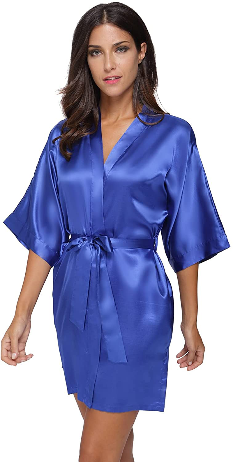 The Bund Women'S Short Robes Lace Bride Bridesmaids Sexy Bathrobe Satin Spa Robe Pure Color Apparel & Accessories > Clothing > Sleepwear & Loungewear > Robes The Bund Blue XX-Large