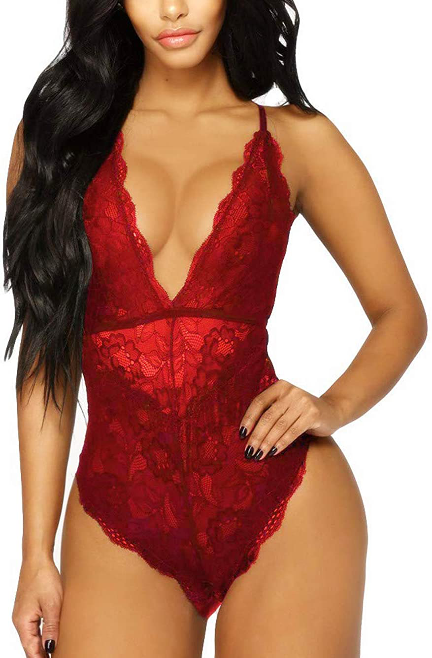 Kaei&Shi V-Neck See Through Lingerie Floral Lace Babydoll Sexy Lingerie for Women One Piece Bodysuit Apparel & Accessories > Clothing > Underwear & Socks > Lingerie Kaei&Shi Burgundy Medium