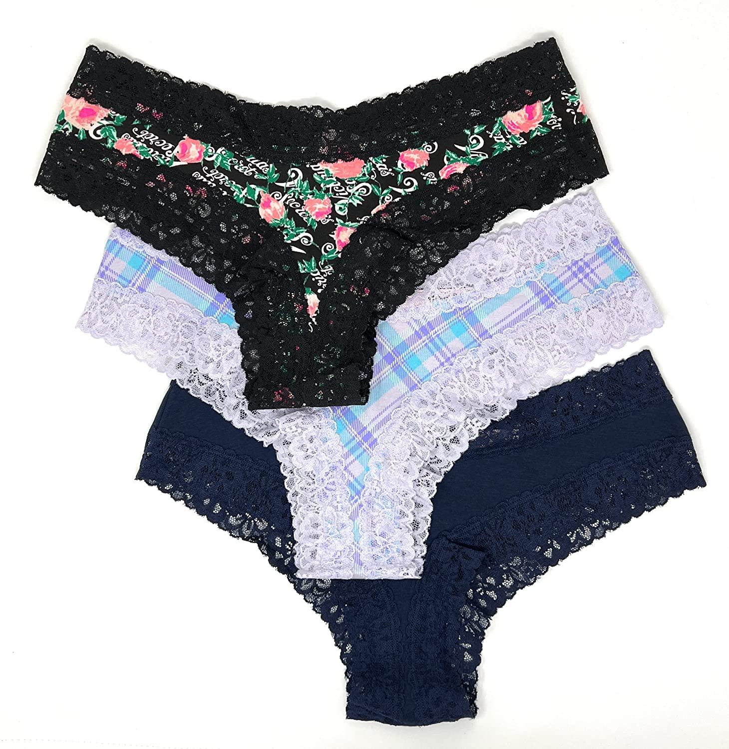 Victoria'S Secret Lace Cheeky Panty Set of 3 Apparel & Accessories > Clothing > Underwear & Socks > Underwear Victoria's Secret Black Logo Floral / Purple Plaid / Navy Large