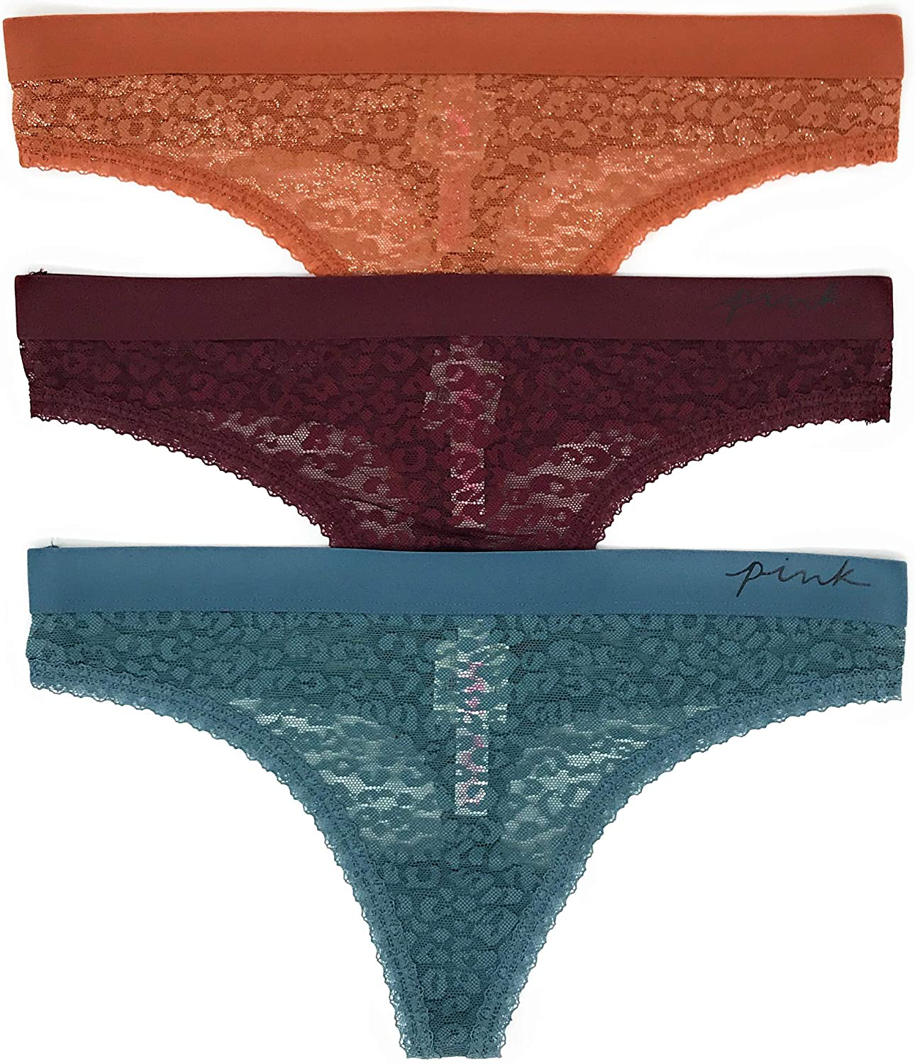 Victoria's Secret PINK Thong Panty Set of 3 Apparel & Accessories > Clothing > Underwear & Socks > Underwear Victoria's Secret Lace Ginger Shine / Ruby / Teal Medium