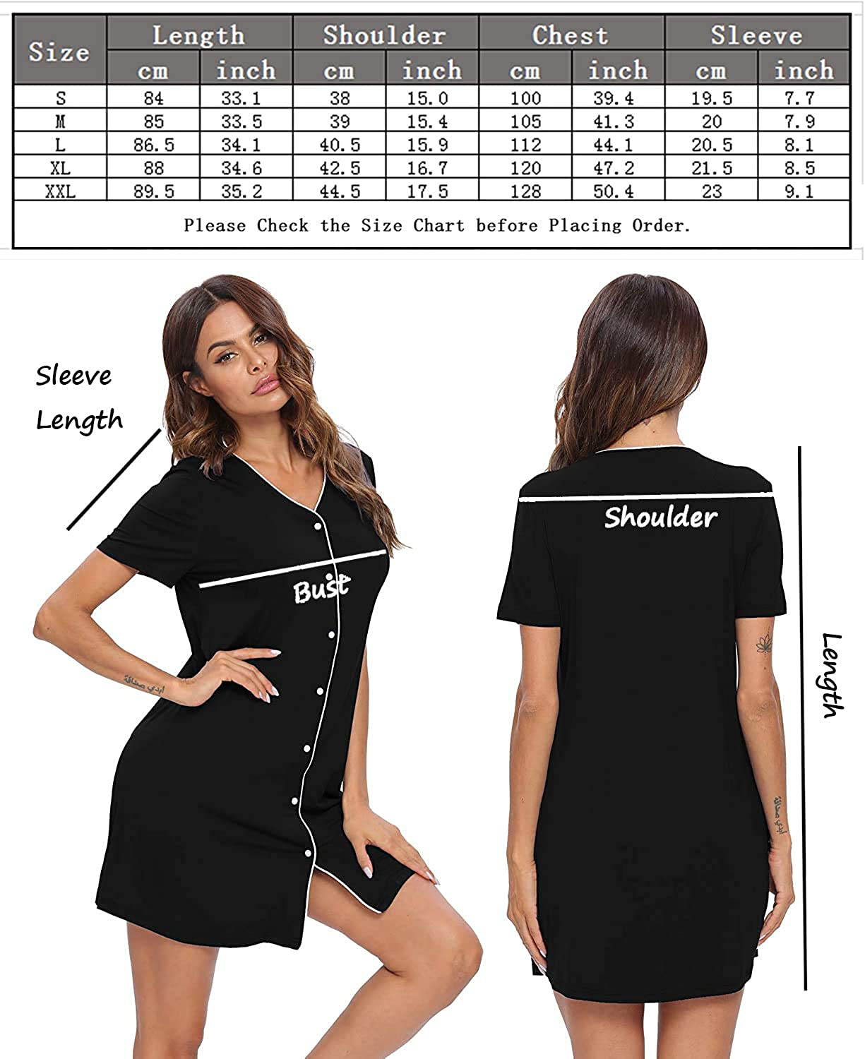 SWOMOG Women'S Button down Nightgown Short Sleeve Nightshirt V-Neck Sleepwear Boyfriend Sleepshirt Pajama Dress Apparel & Accessories > Clothing > Sleepwear & Loungewear > Nightgowns Kylie Max