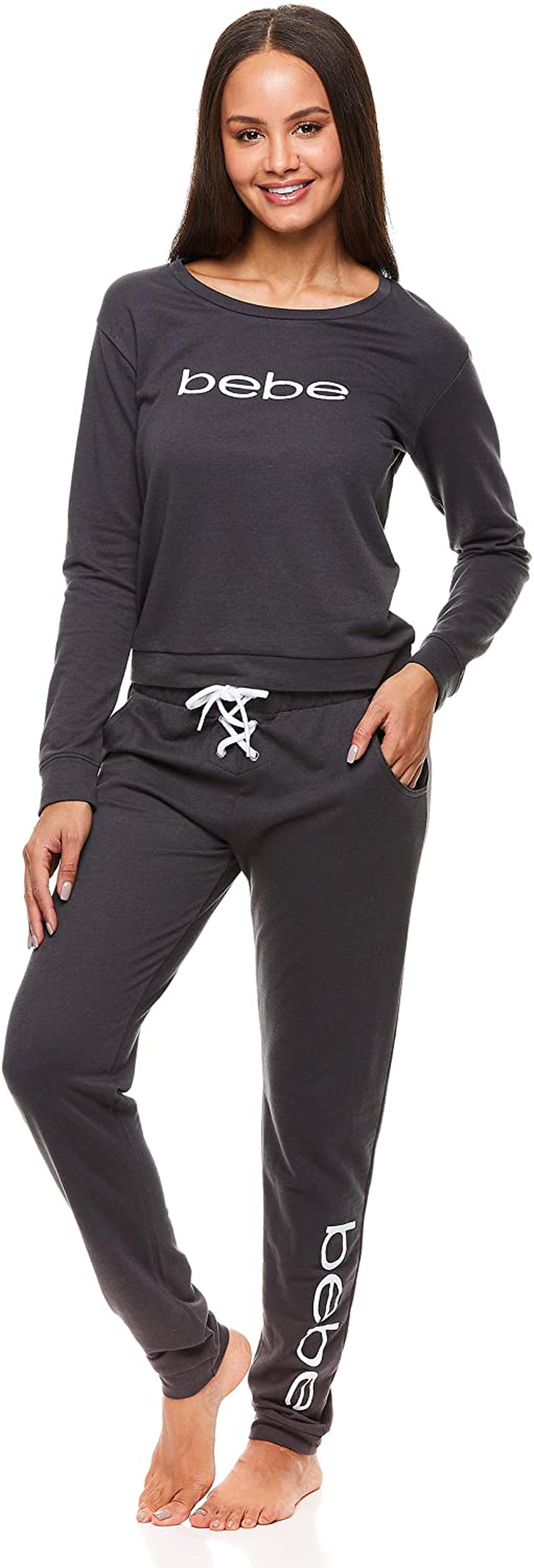 bebe Womens Cuffed Long Sleeve Shirt and Skinny Lounge Pajama Pants Sleep Set Apparel & Accessories > Clothing > Sleepwear & Loungewear > Pajamas bebe Charcoal W/ Pockets 1X