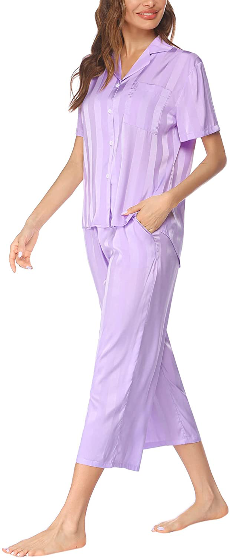Ekouaer Women Silk Satin Pajamas Button down Lounge Sets Short Sleeve Sleepwear Apparel & Accessories > Clothing > Sleepwear & Loungewear > Pajamas Kylie Max