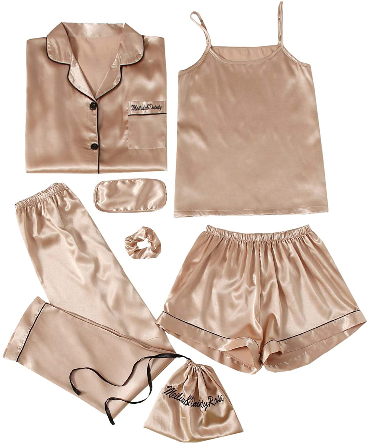 SheIn Women's 7pcs Pajama Set Cami Pjs with Shirt and Eye Mask Apparel & Accessories > Clothing > Sleepwear & Loungewear > Pajamas SheIn Champagne Medium