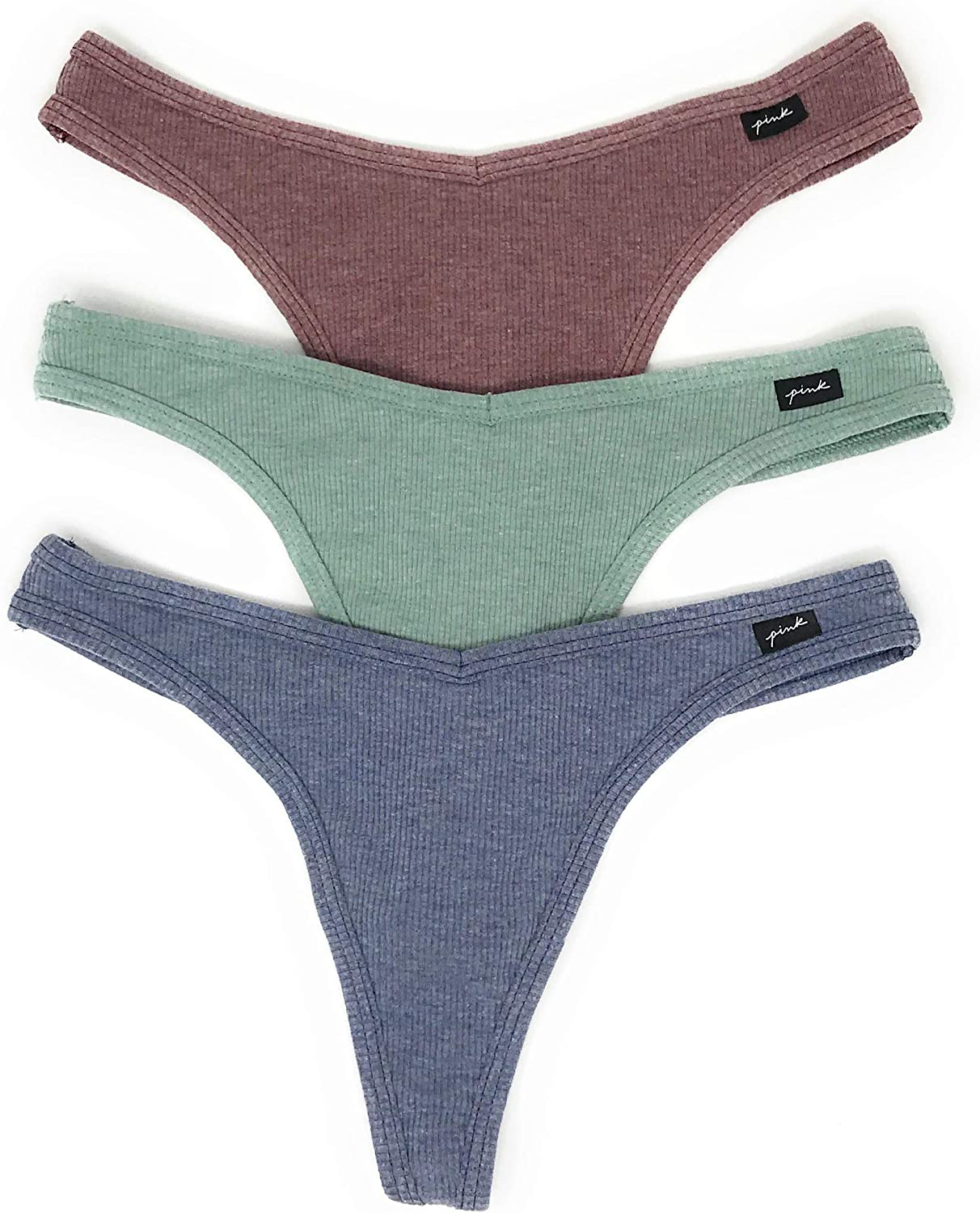 Victoria's Secret PINK Thong Panty Set of 3 Apparel & Accessories > Clothing > Underwear & Socks > Underwear Victoria's Secret Rib Burgundy / Seasalt / Denim Medium