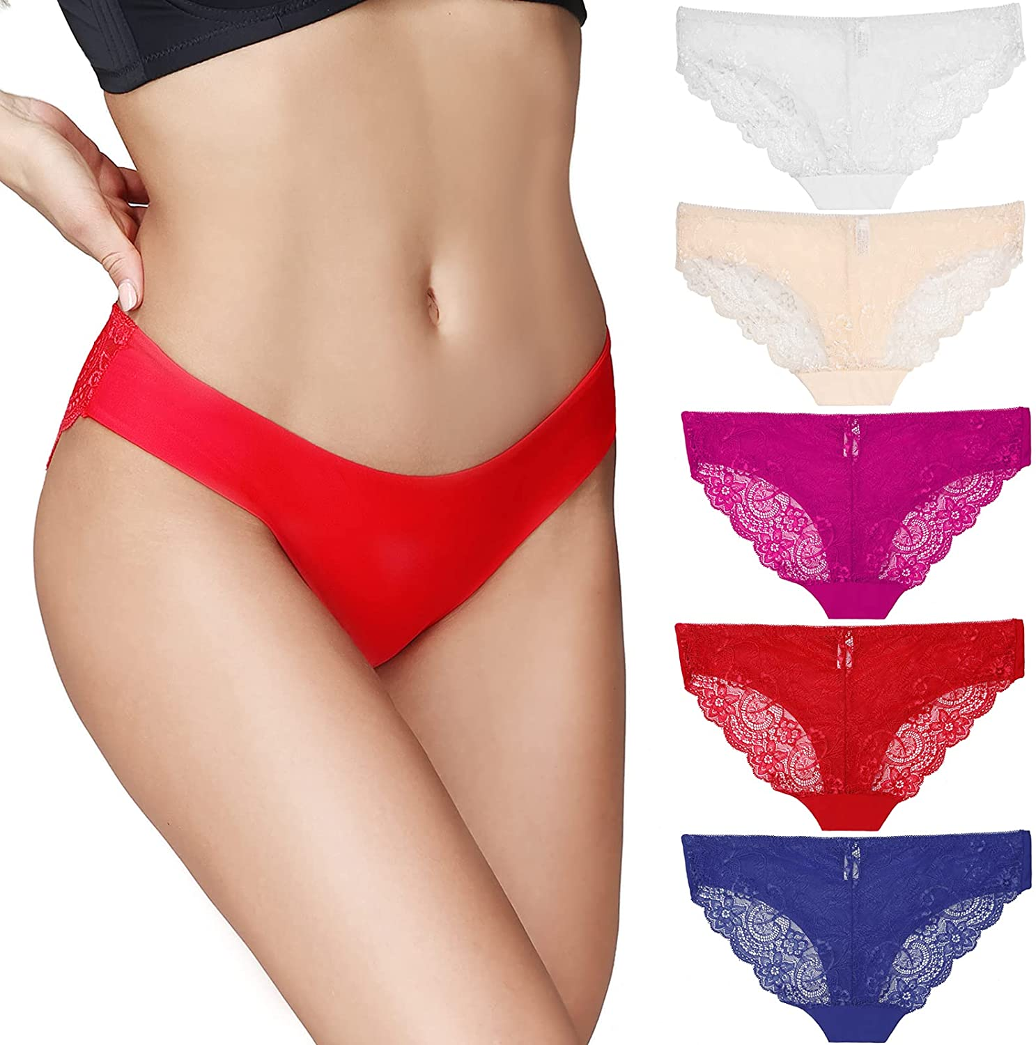 Talanes Women’S High Waisted Lace Underwear Sexy, Ladies Cheeky Lacy Panties Briefs , Soft Full Coverage Panty Multipack Apparel & Accessories > Clothing > Underwear & Socks > Underwear Talanes Hipster Style-navy Blue/Skin/Purple/Red/White Large