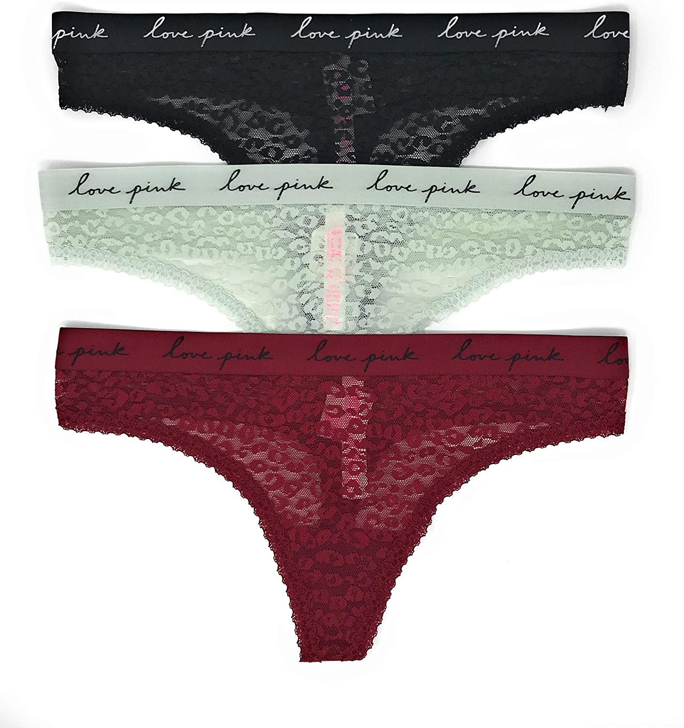 Victoria's Secret PINK Thong Panty Set of 3 Apparel & Accessories > Clothing > Underwear & Socks > Underwear Victoria's Secret Lace Black / Mint / Cranberry Large