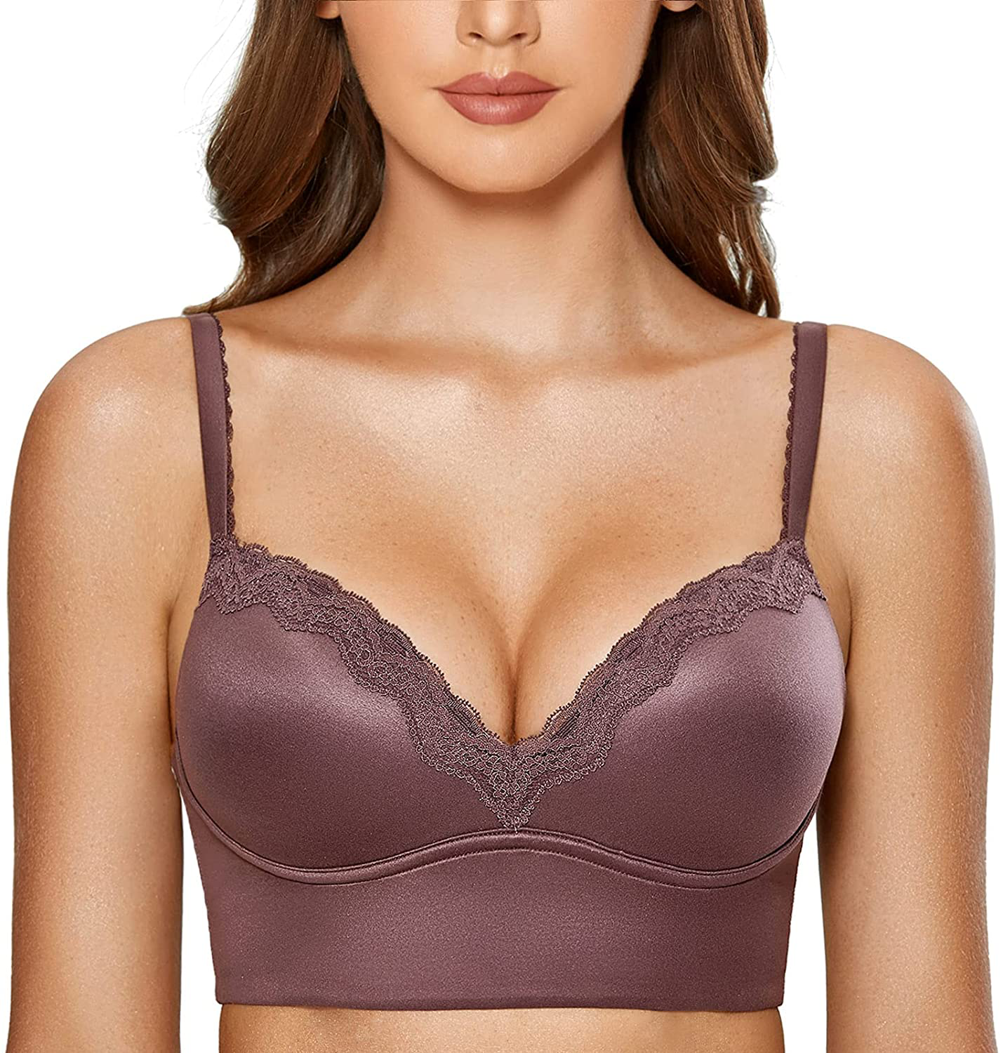 DOBREVA Women's Push Up Bra Wireless Padded Bralette Lace Longline Support Bras Apparel & Accessories > Clothing > Underwear & Socks > Bras DOBREVA Marron 38B