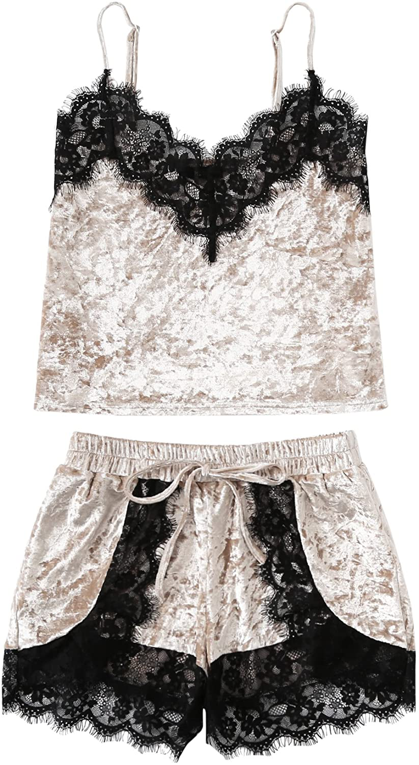 DIDK Women'S Lace Trim V Neck Cami and Shorts Pajama Set Sexy Sleepwear Apparel & Accessories > Clothing > Sleepwear & Loungewear Kylie Max