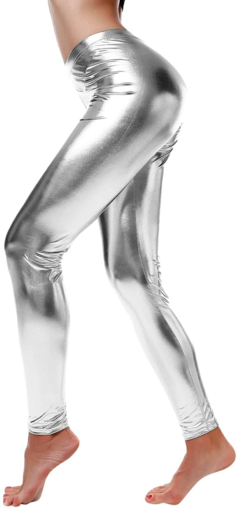 Burband Womens Flattering Shinny Pants Faux Leather Leggings Wet Look Metallic Waist Legging Pants Punk Hip Hop Trousers Apparel & Accessories > Clothing > Underwear & Socks > Shapewear Burband White XX-Large