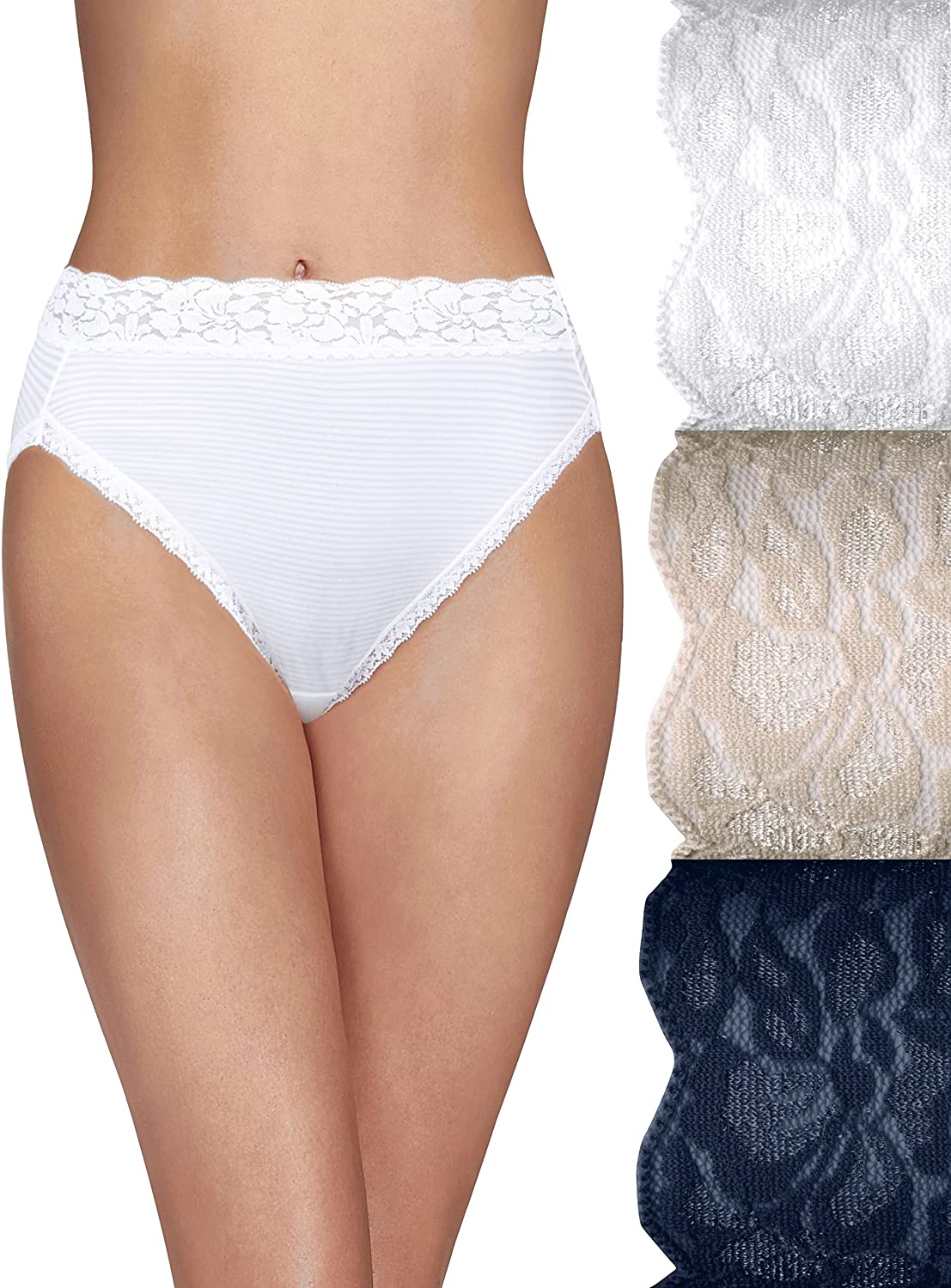 Vanity Fair Women'S Flattering Lace Panties Apparel & Accessories > Clothing > Underwear & Socks > Underwear Vanity Fair Hi Cut - 3 Pack - White/Beige/Navy Stripe Hi Cut 7