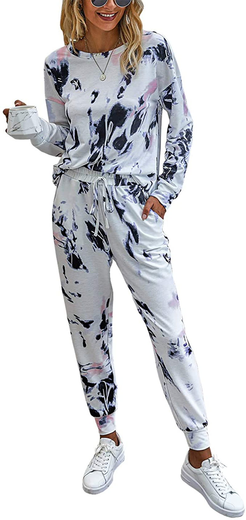 KIRUNDO Women’s Tie Dye Pajamas Set Long Sleeves Jogger PJ Sets Two Pieces Round Neck Loungewear Nightwear Sleepwear Apparel & Accessories > Clothing > Sleepwear & Loungewear > Pajamas KIRUNDO Pink Blue Large