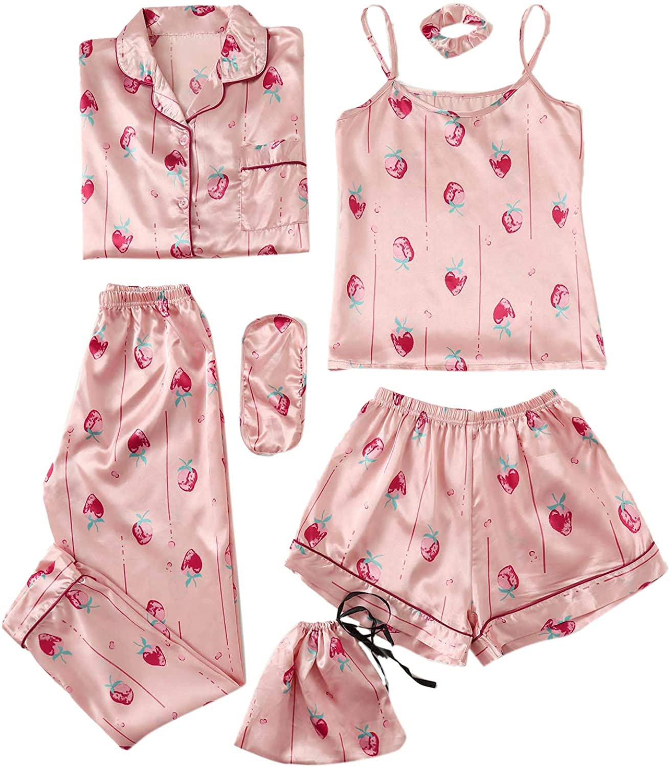 SheIn Women's 7pcs Pajama Set Cami Pjs with Shirt and Eye Mask Apparel & Accessories > Clothing > Sleepwear & Loungewear > Pajamas SheIn Pink Strawberry Small