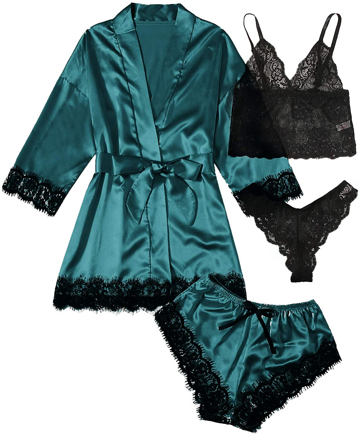 SOLY HUX Women'S Sleepwear 4Pcs Floral Lace Trim Satin Cami Pajama Set with Robe Apparel & Accessories > Clothing > Sleepwear & Loungewear Kylie Max