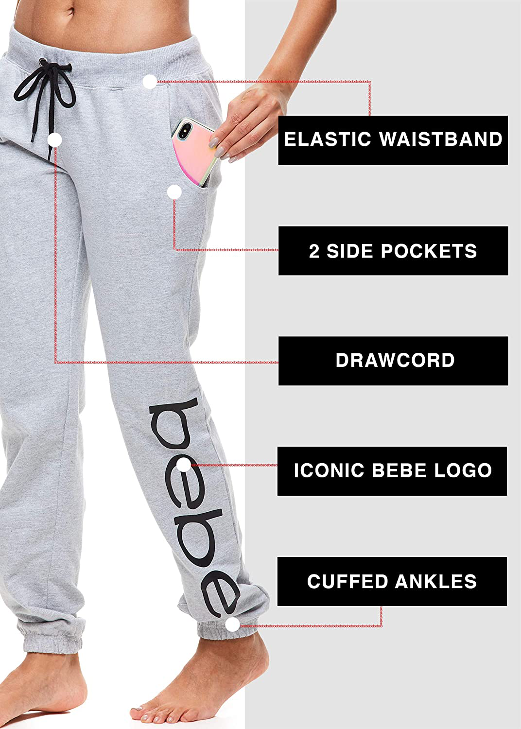 Bebe Womens Sweatpants French Terry Jogger Lounge Sleep Pajamas Apparel & Accessories > Clothing > Activewear Kylie Max