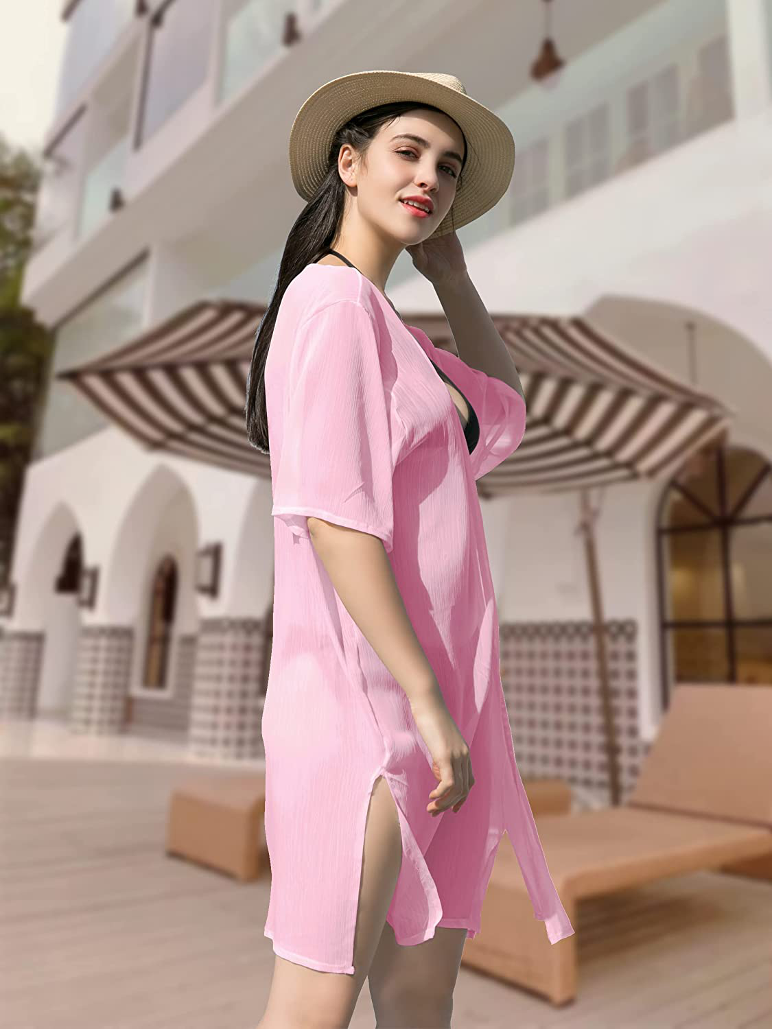 LA CARRIE Women'S Chiffon Kimono Cardigan Cover up with Half Sleeve Summer Sheer Beachwear Swimsuit for Bikini Apparel & Accessories > Clothing > Swimwear Kylie Max