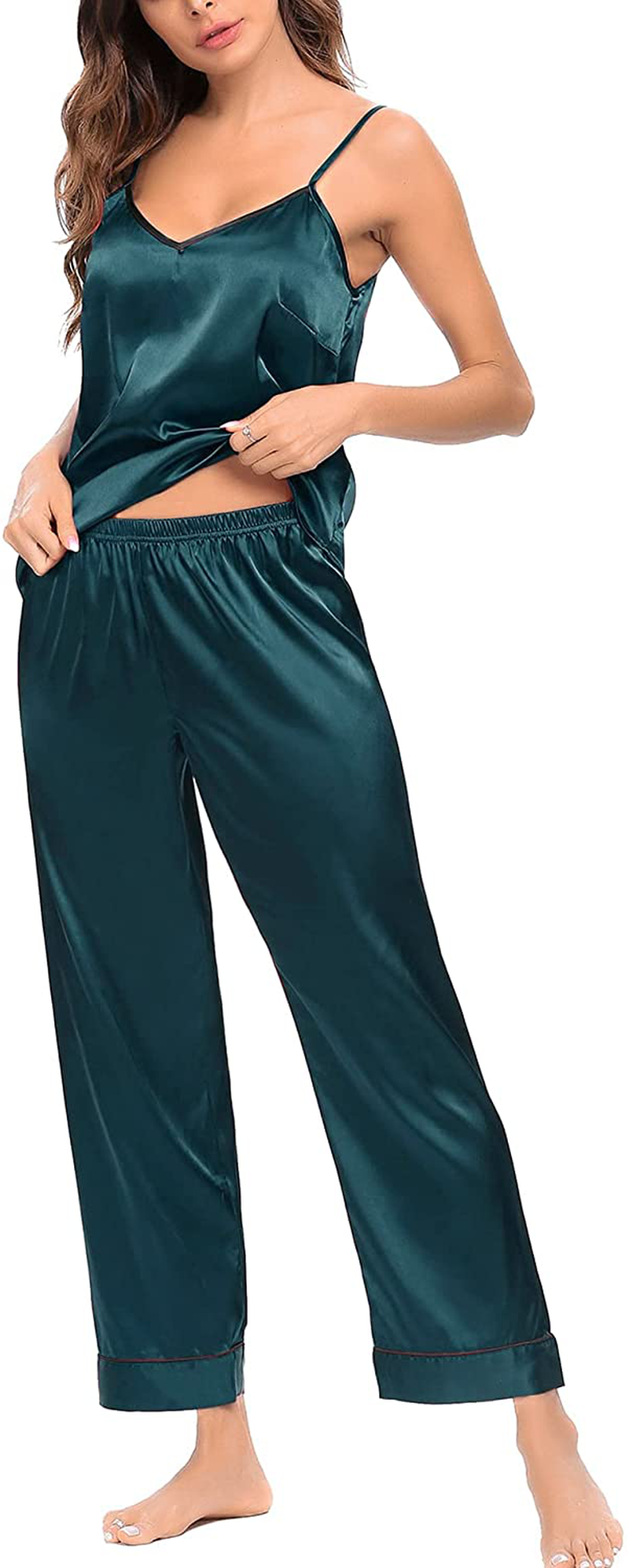 SWOMOG Womens Silk Satin Pajamas Set Two-Piece Pj Sets Cami Top and Capris Pants Sleepwear Apparel & Accessories > Clothing > Sleepwear & Loungewear Kylie Max