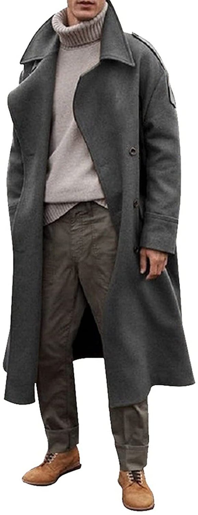 Merthy Mens Winter Warm French Woolen Trench Coats Long Sleeved Turn-Down Collar Double Breasted Business Long Pea Coat Apparel & Accessories > Clothing > Underwear & Socks > Shapewear Merthy Gray Large