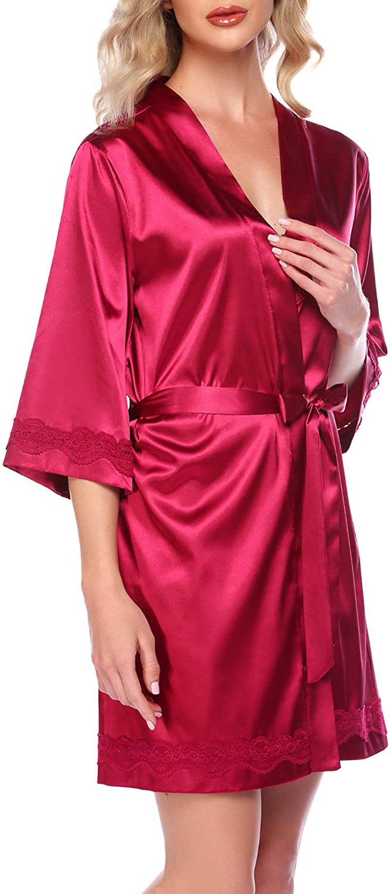 Ekouaer Women'S Lace-Trim Kimono Style Short Satin Robe Sleepwear with 3/4 Sleeve Apparel & Accessories > Clothing > Sleepwear & Loungewear > Robes Kylie Max