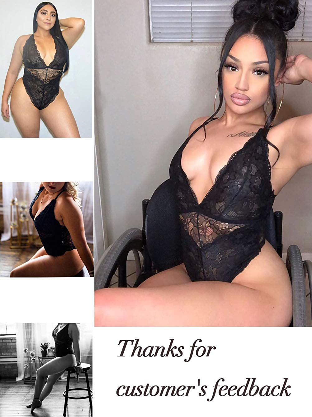 Kaei&Shi V-Neck See Through Lingerie Floral Lace Babydoll Sexy Lingerie for Women One Piece Bodysuit Apparel & Accessories > Clothing > Underwear & Socks > Lingerie Kaei&Shi