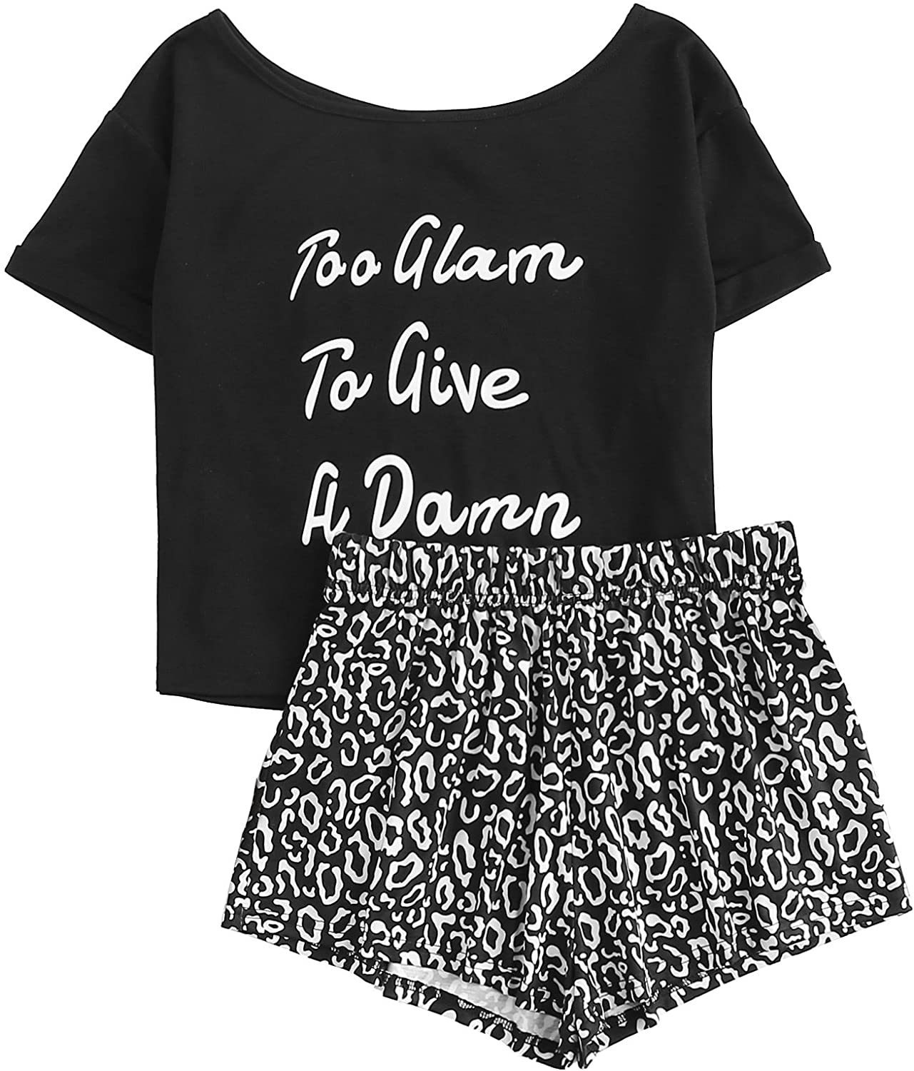 DIDK Women's Cute Cartoon Print Tee and Shorts Pajama Set Apparel & Accessories > Clothing > Sleepwear & Loungewear > Pajamas DIDK Letter Black Medium