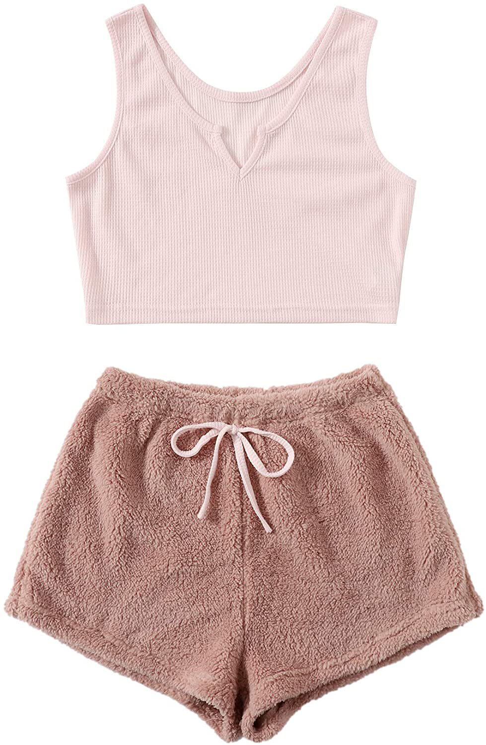 Verdusa Women'S 2 Piece PJ Set Notched Tank Top & Teddy Shorts Fuzzy Lounge Pajama Set Apparel & Accessories > Clothing > Sleepwear & Loungewear Kylie Max