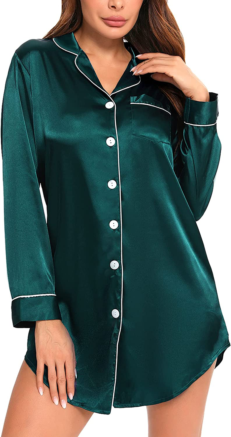 SWOMOG Women'S Satin Sleep Shirt Long Sleeve Sleepwear Silk Nightshirt Button down Pajama Top Apparel & Accessories > Clothing > Sleepwear & Loungewear > Nightgowns Kylie Max