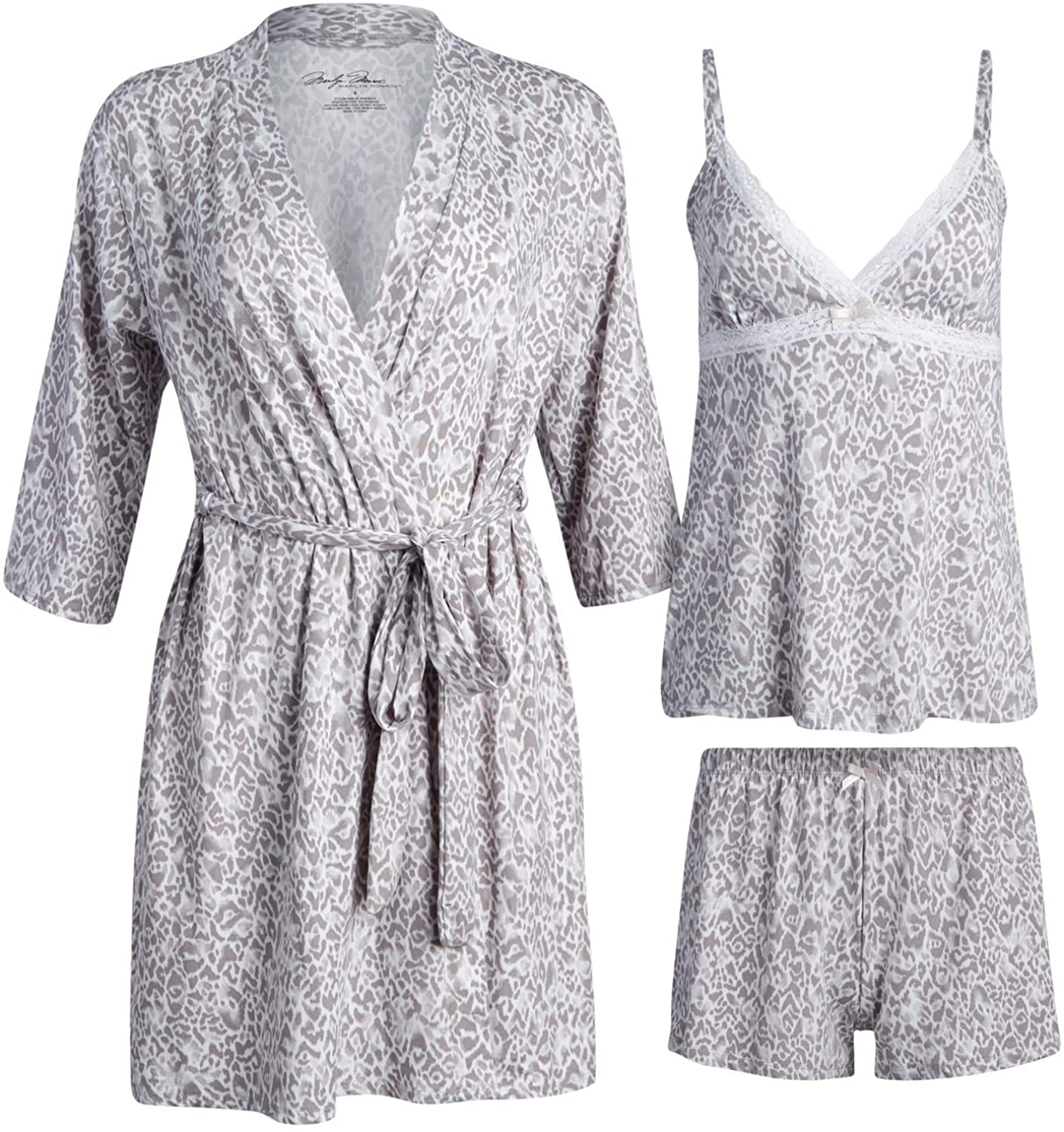 Marilyn Monroe Women's Pajama Set – 3 Piece Soft Robe, Cami, and Sleep Short Set Apparel & Accessories > Clothing > Sleepwear & Loungewear > Pajamas Marilyn Monroe Autumn Grey Small