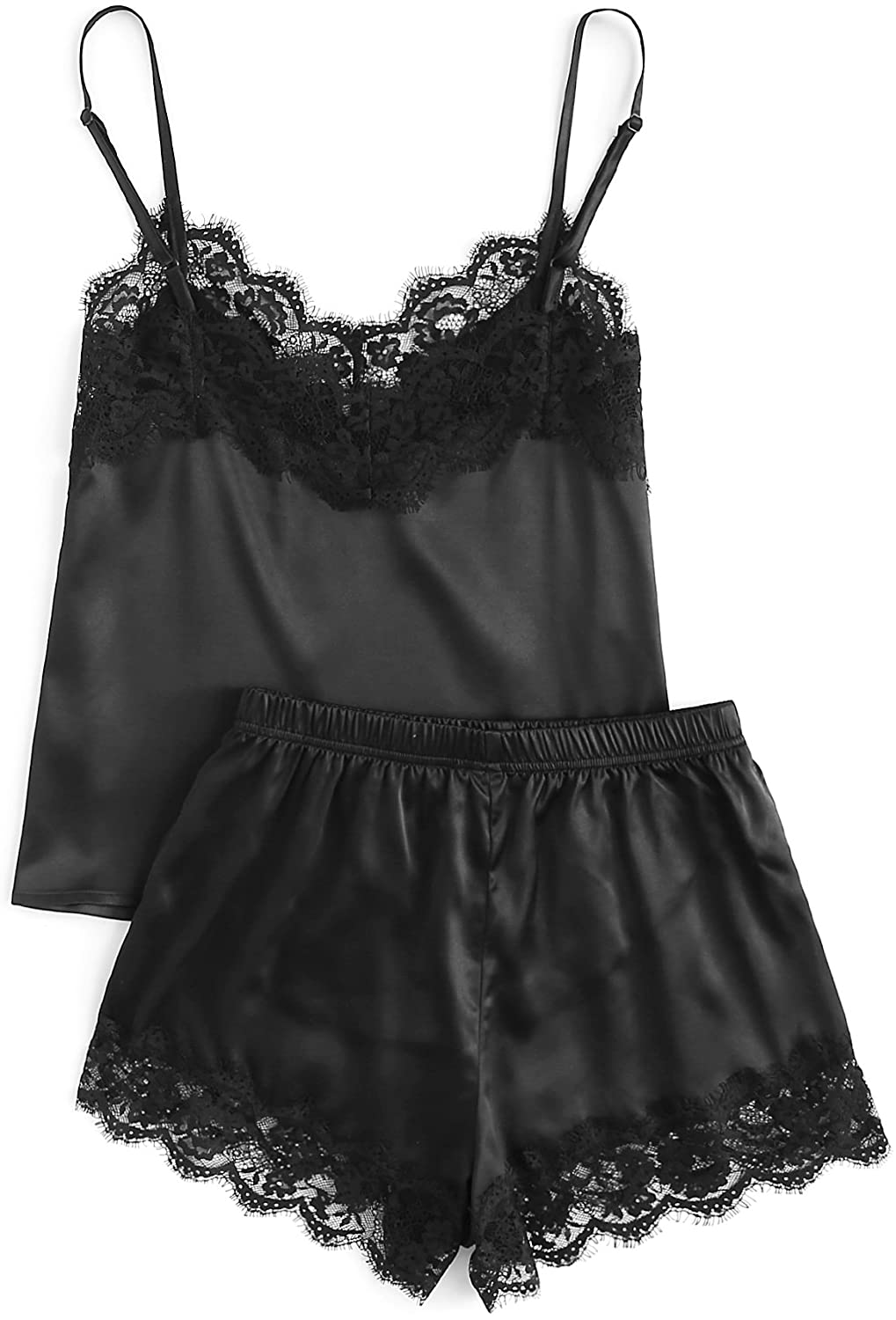 Makemechic Women'S Lace Satin Sleepwear Cami Top and Shorts Pajama Set Apparel & Accessories > Clothing > Sleepwear & Loungewear Kylie Max