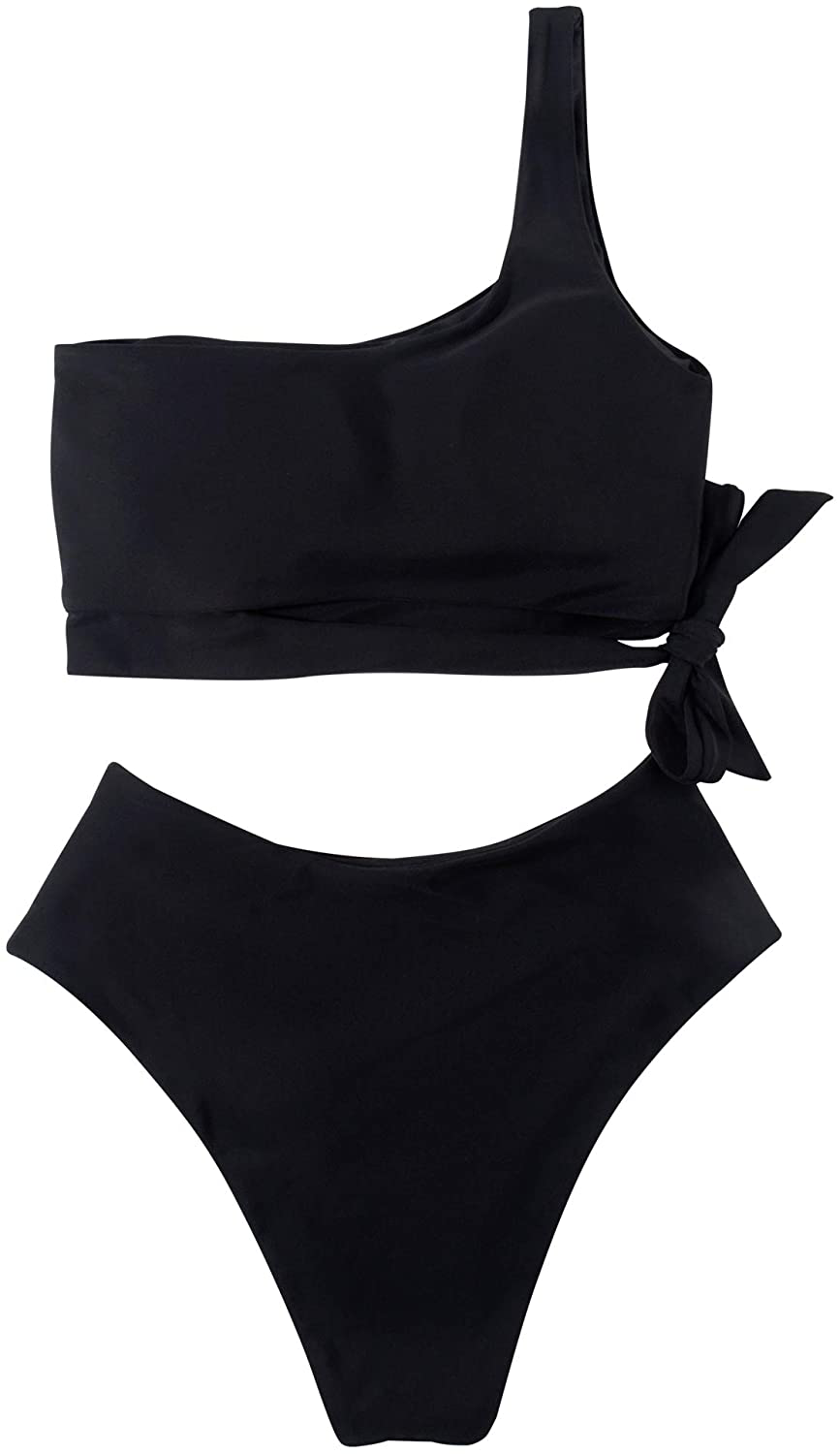 MOOSLOVER Women One Shoulder High Waisted Bikini Tie High Cut Two Piece Swimsuits Apparel & Accessories > Clothing > Swimwear MOOSLOVER