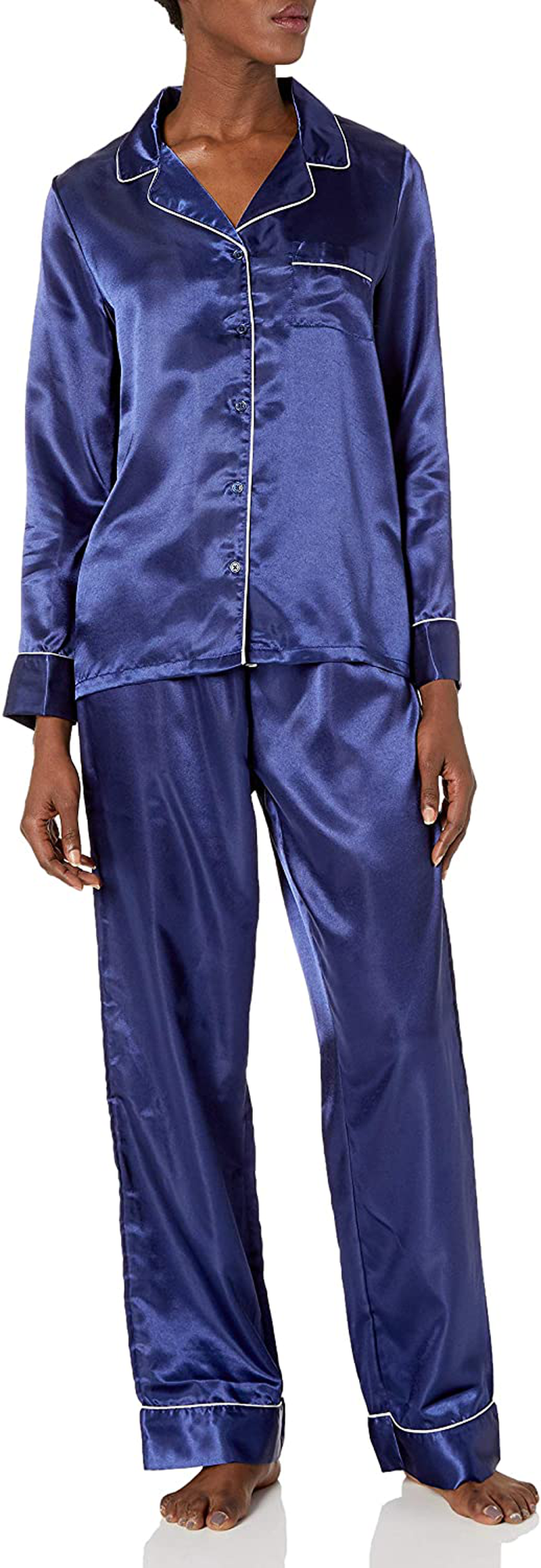 Mae Women's Satin Notch Collar Pajama Set Apparel & Accessories > Clothing > Sleepwear & Loungewear > Pajamas Mae Navy Small