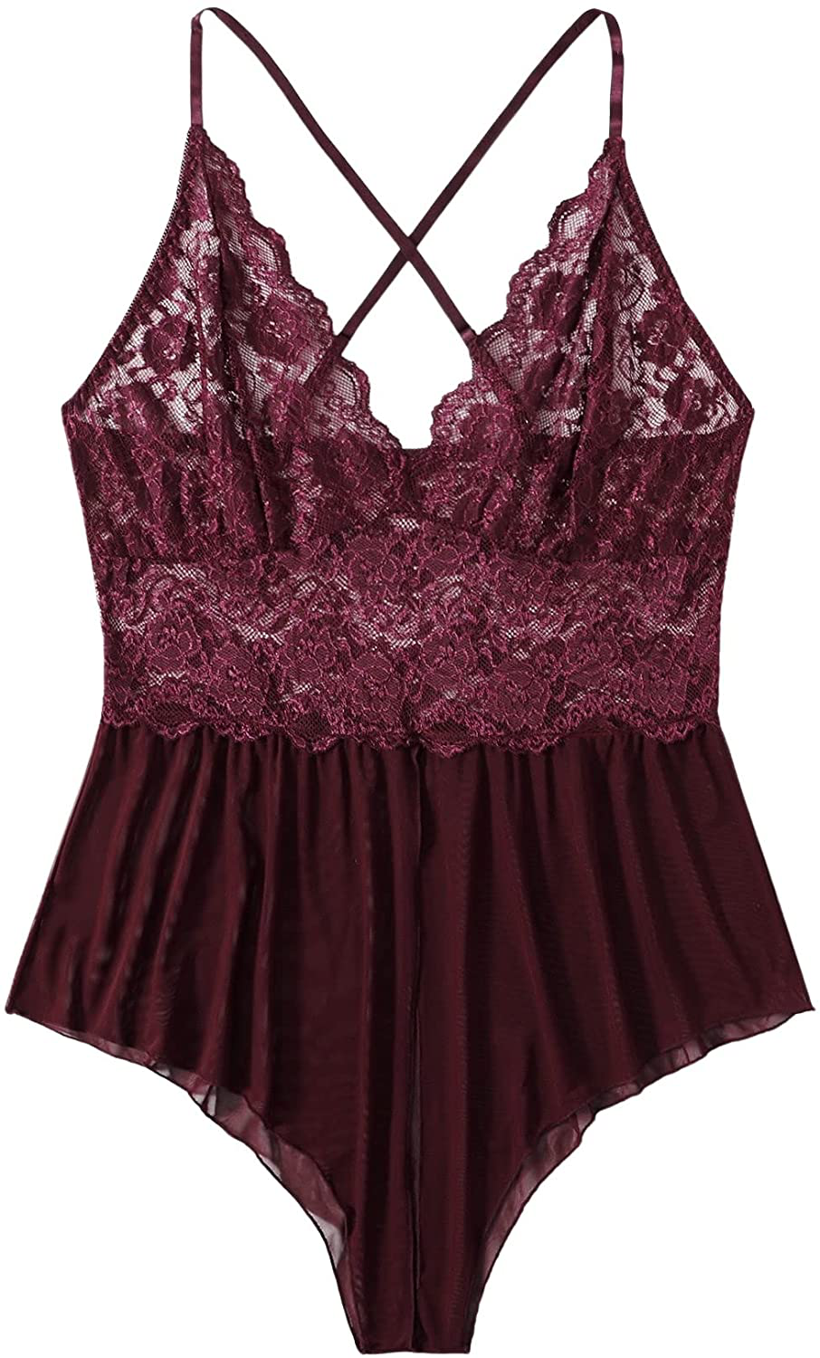 SOLY HUX Women's Plus Size Floral Lace Mesh Cross Back Lingerie Teddy Bodysuit Apparel & Accessories > Clothing > Underwear & Socks > Lingerie SOLY HUX Burgundy 1X Plus