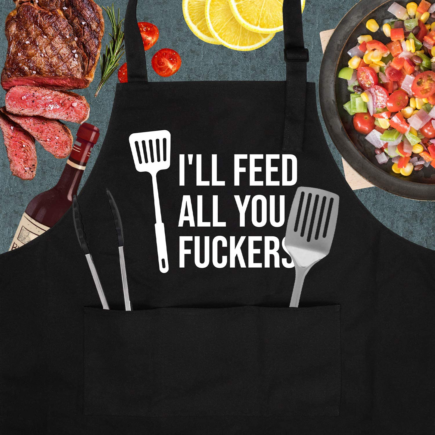 I'll Feed All You - Funny Aprons for Men, Women with 3 Pockets - Dad Gifts, Gifts for Men - Christmas, Thanksgiving, Birthday Gifts for Husband, Dad, Wife, Mom - Miracu Cooking Grilling BBQ Chef Apron Arts & Entertainment > Party & Celebration > Gift Giving Miracu