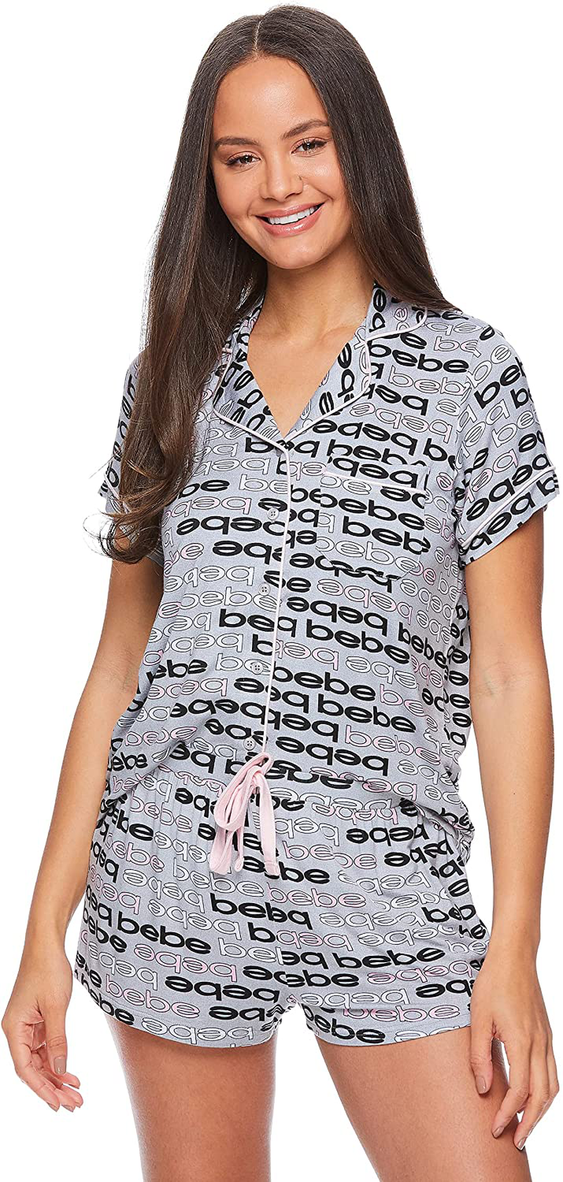 bebe Womens Pajama Sets Button Down Shirt and Shorts Sleepwear Lounge PJ Sets Apparel & Accessories > Clothing > Sleepwear & Loungewear > Pajamas bebe Heather-grey X-Large